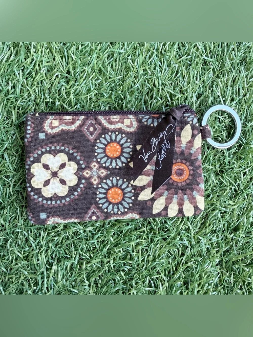 Vera Bradley Kensington Zip ID Case Coin Purse Keychain Brown Orange Retired